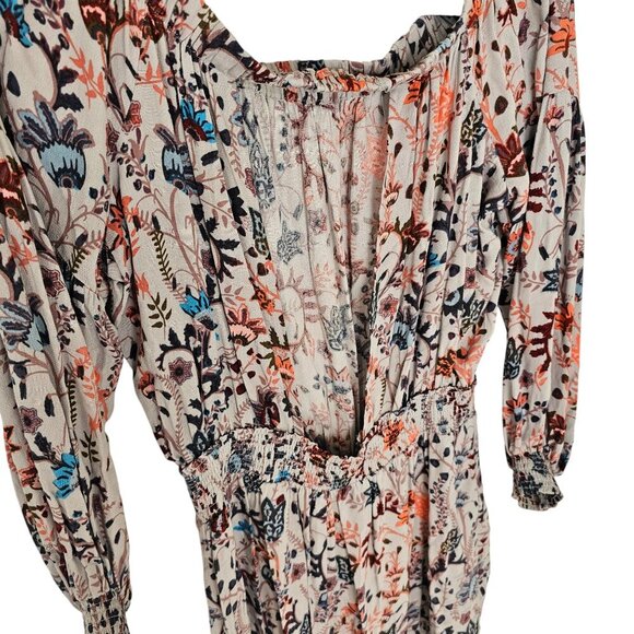 Free People Pretty and Free Romper Off Shoulder Floral Patterned Grey Blue Sz M - Picture 6 of 9